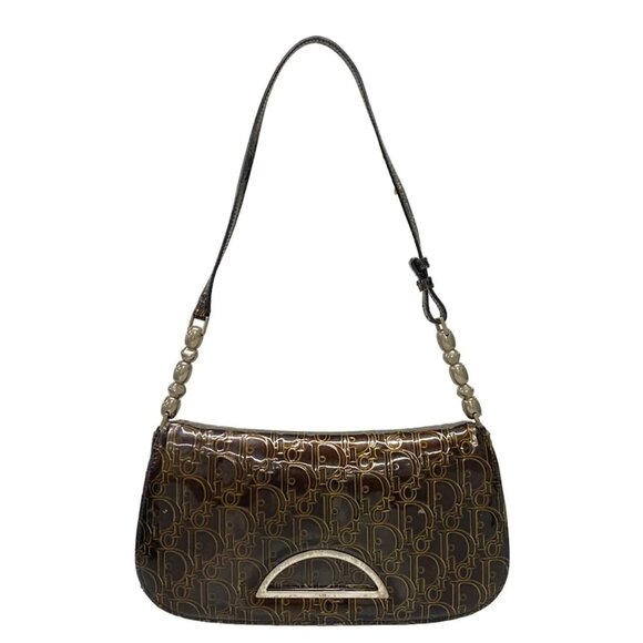 Auth DIOR/ChristianDior Maris Pearl,Trotter - Dark Brown Patent Leather Handbag - Picture 1 of 16